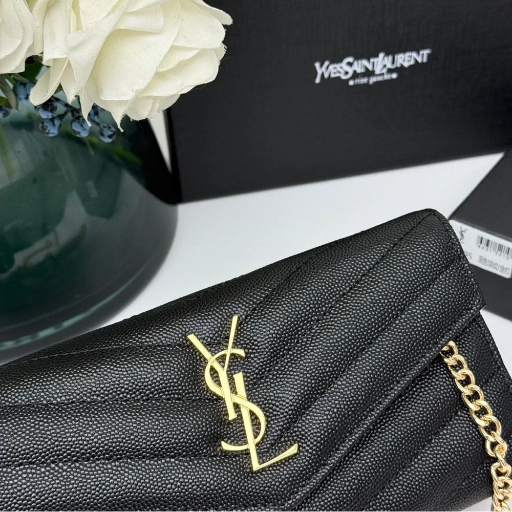 Yves Saint Laurent Black Textured Clutch with Gold Chain